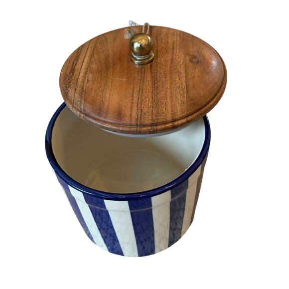 Hand Painted Striped Ceramic Canister w/ Wood Lid Made in India Blue Cream 8" - Picture 3 of 15
